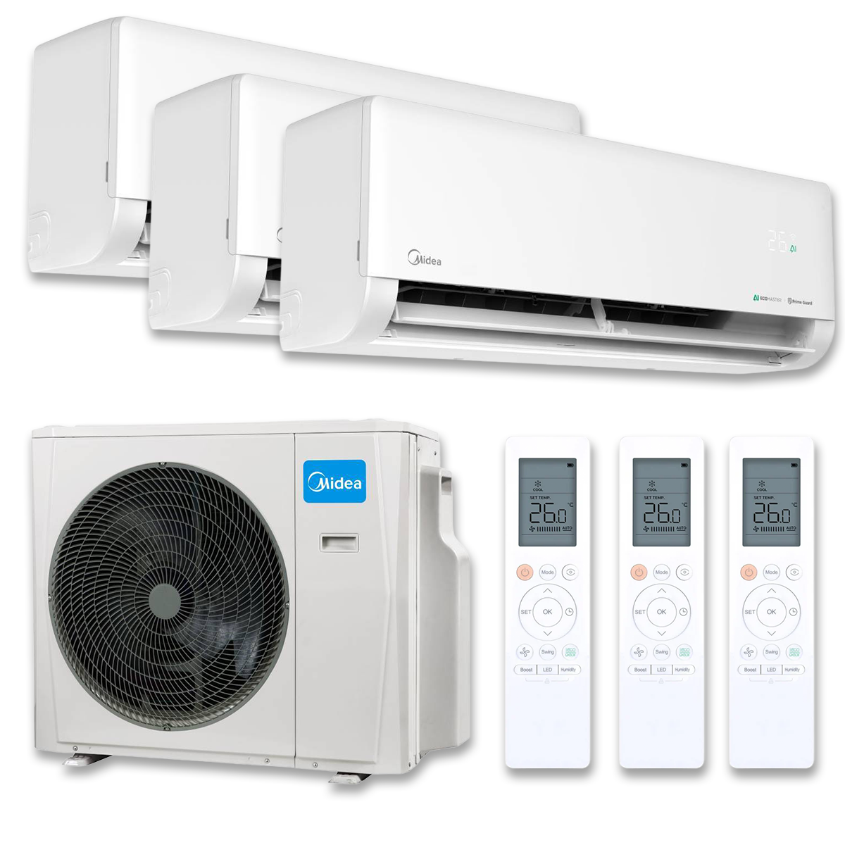 MIDEA Multi-Split-Set – 1× Solstice 12 + 2× Solstice 09 + Außengerät M3O-27HFN8-ME | 7,91 kW