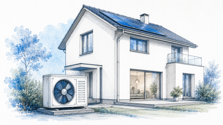 Moderne Hochtemperatur-Wärmepumpe an einem Einfamilienhaus mit Heizsystem und Solaranlage, technische Illustration zur Heizungsmodernisierung.