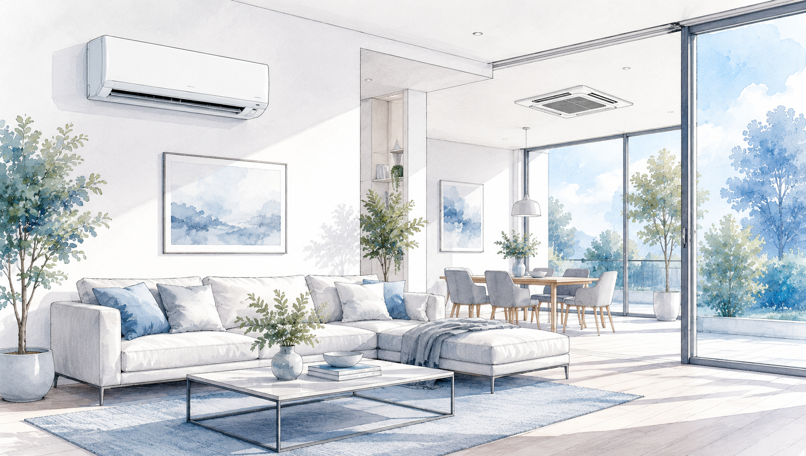 Moderne Klimaanlagen in Wohnräumen mit Wandgerät und Deckenkassette, dargestellt als Architekturillustration zur Auswahl einer Klimaanlage.