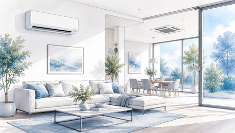 Moderne Klimaanlagen in Wohnräumen mit Wandgerät und Deckenkassette, dargestellt als Architekturillustration zur Auswahl einer Klimaanlage.