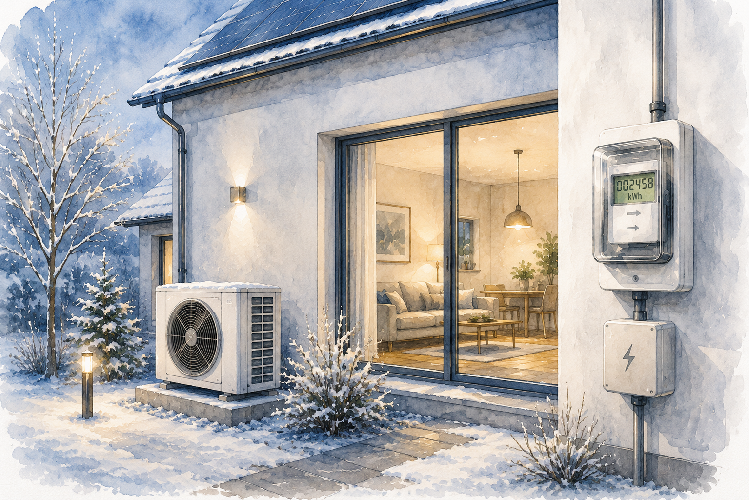 Illustration einer Luft-Wasser-Wärmepumpe mit Stromzähler an einem Einfamilienhaus im Winter zur Darstellung des Stromverbrauchs einer Wärmepumpe.