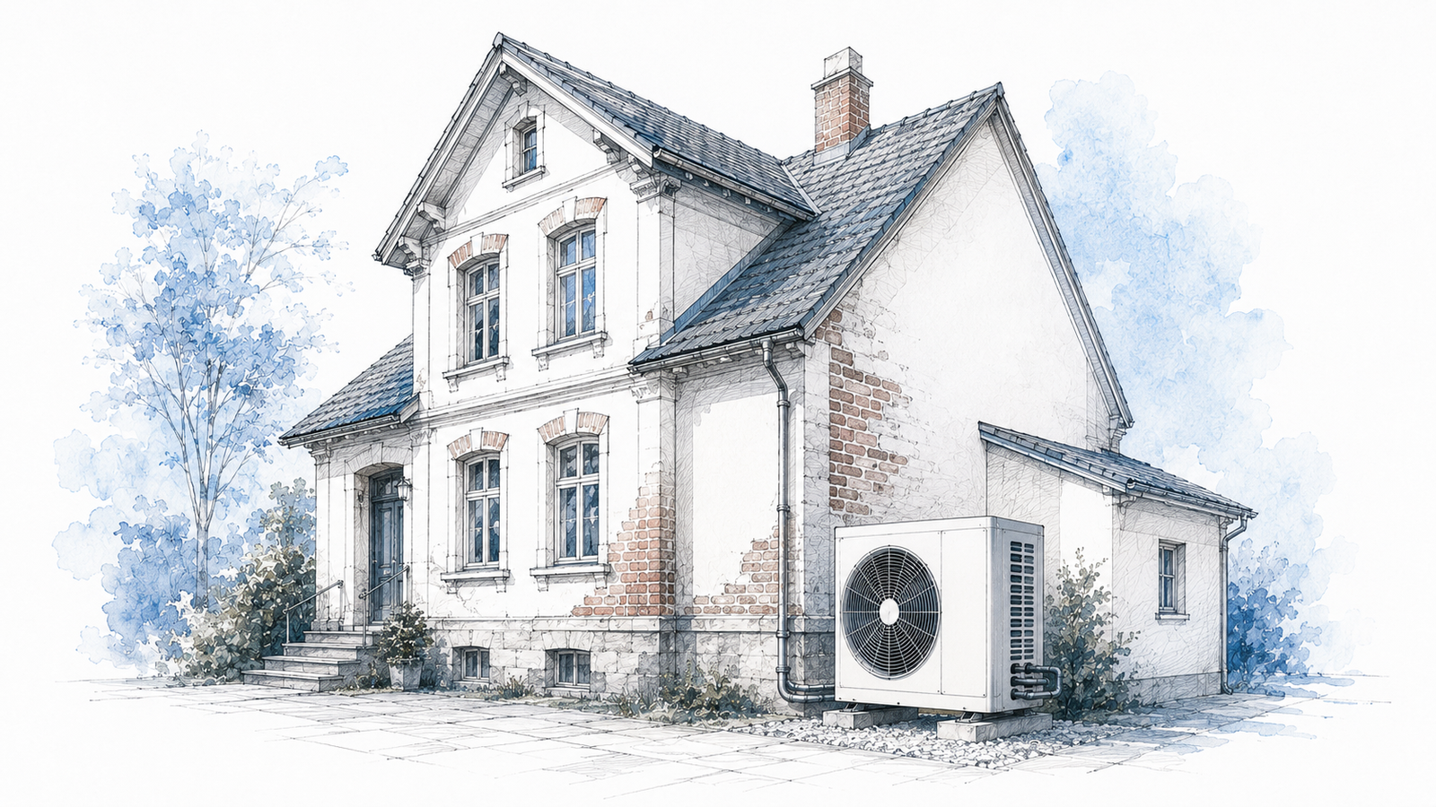 Wärmepumpe an einem modernisierten Altbau mit klassischer Architektur als technische Architekturillustration.