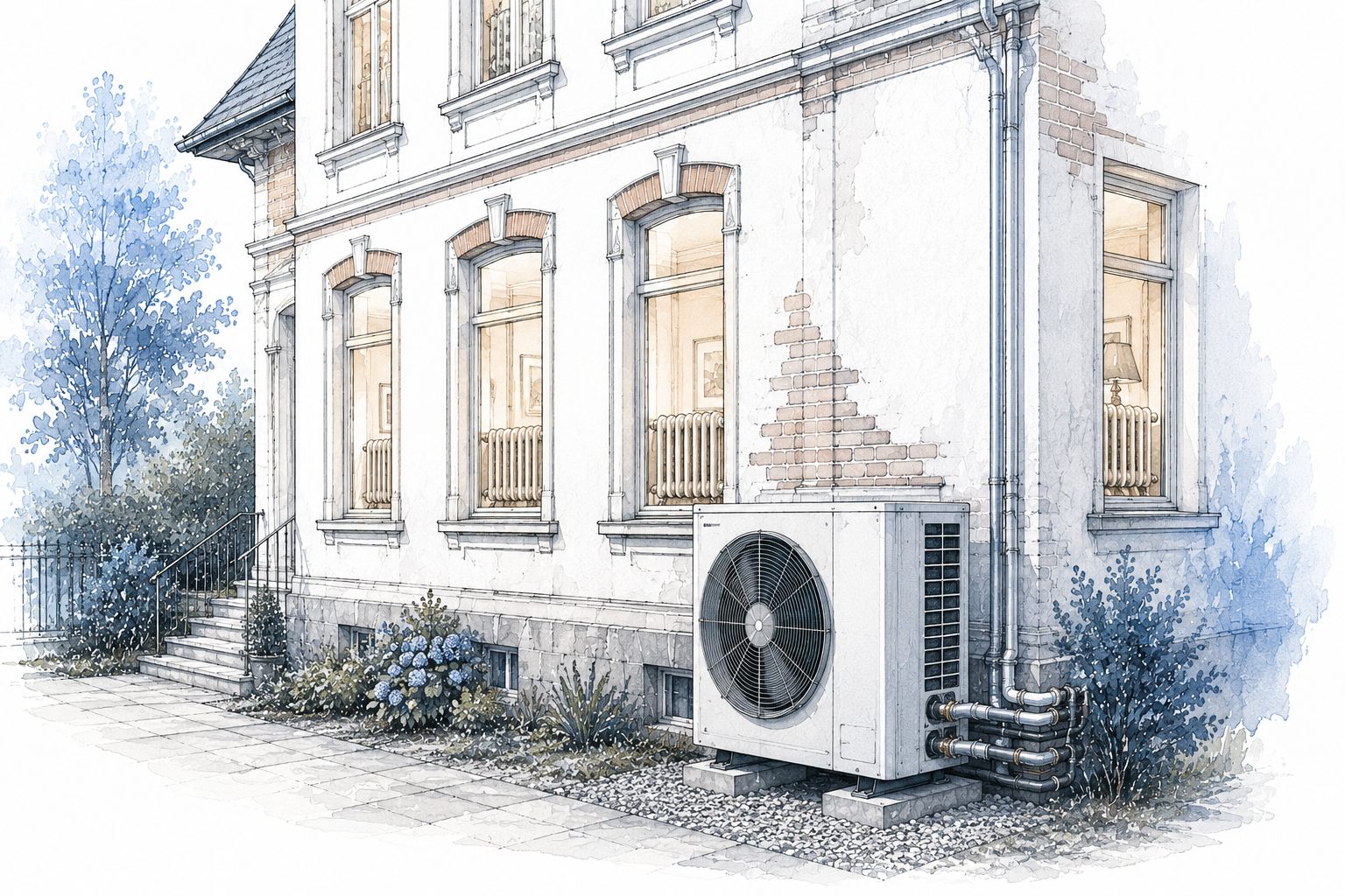 Hochtemperatur-Wärmepumpe an einem Altbau mit sichtbaren Heizkörpern als technische Architekturillustration.