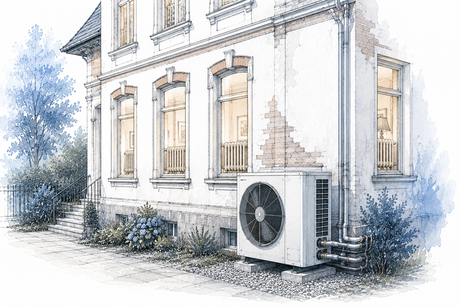 Hochtemperatur-Wärmepumpe an einem Altbau mit sichtbaren Heizkörpern als technische Architekturillustration.