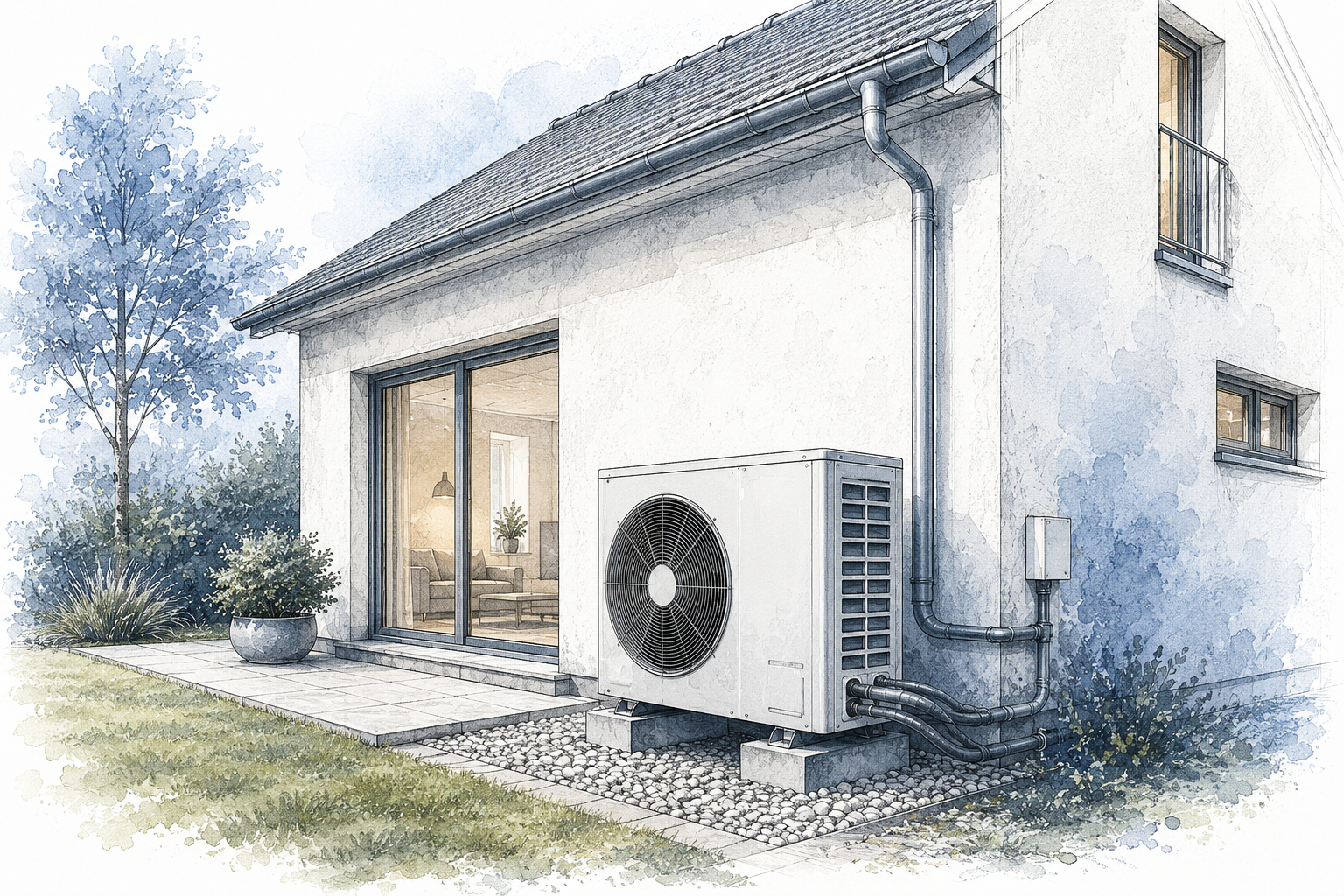 Luft-Wärmepumpe an einem Wohnhaus zur Veranschaulichung des jährlichen Stromverbrauchs einer Wärmepumpe.