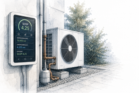 Digitale SCOP-Anzeige einer Wärmepumpe neben Außengerät als technische Architekturillustration zur Effizienzberechnung.