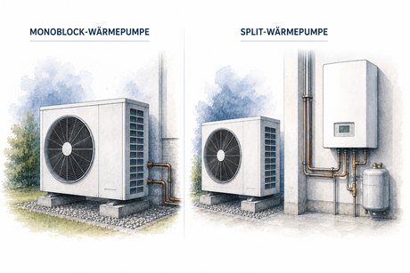 Vergleich einer Monoblock- und Split-Wärmepumpe als technische Architekturillustration für die Systemauswahl.