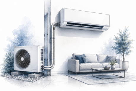 Luft-Luft-Wärmepumpe mit Wand-Innengerät und Außeneinheit als technische Architekturillustration.