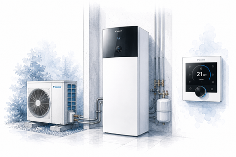 DAIKIN Altherma Wärmepumpensystem mit moderner Steuerung als technische Architekturillustration für Erfahrungsberichte.