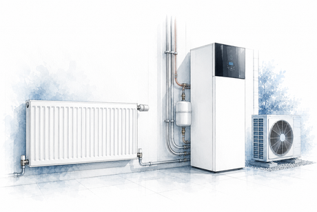 Hochtemperatur-Wärmepumpe für Heizkörper mit Innen- und Außeneinheit als technische Architekturillustration.
