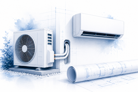 Split-Klimaanlage mit Innen- und Außengerät sowie Montageplan als technische Architekturillustration zum Thema Einbaukosten.
