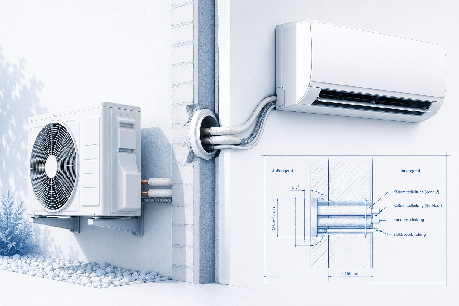 Klimaanlage mit Wanddurchführung, Kältemittelleitungen und Verbindung zwischen Innen- und Außengerät als technische Architekturillustration.