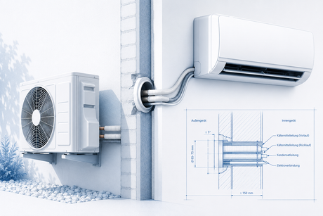 Klimaanlage mit Wanddurchführung, Kältemittelleitungen und Verbindung zwischen Innen- und Außengerät als technische Architekturillustration.