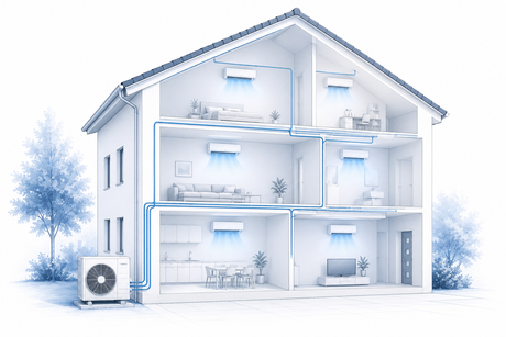 Klimaanlage für ein Einfamilienhaus mit mehreren Innengeräten und zentraler Außeneinheit als technische Architekturillustration.
