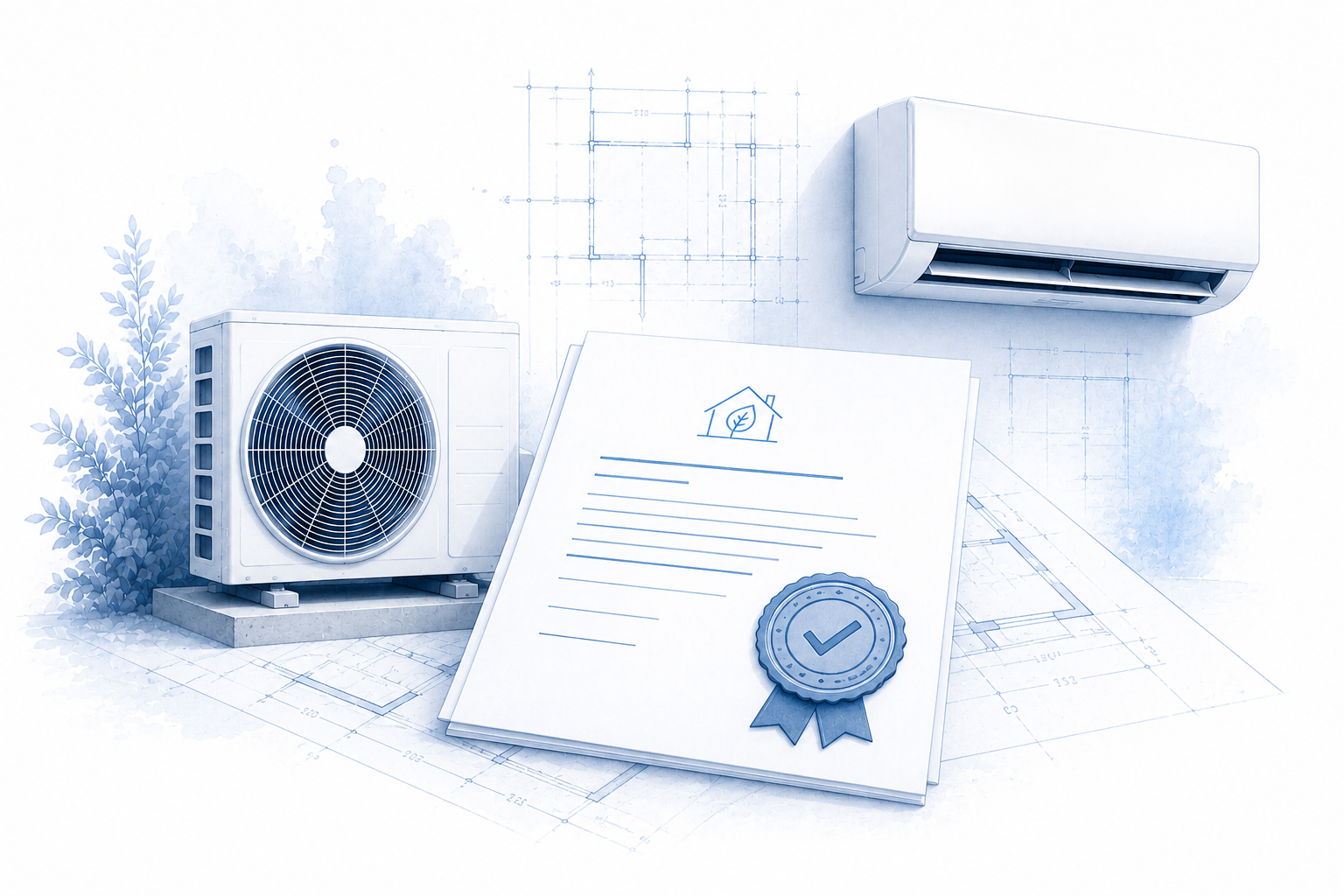 Klimaanlage mit Förderbescheid und Genehmigungssiegel als technische Architekturillustration zur KfW-Förderung.