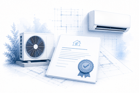 Klimaanlage mit Förderbescheid und Genehmigungssiegel als technische Architekturillustration zur KfW-Förderung.
