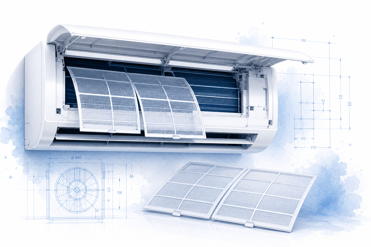 Geöffnete Klimaanlage mit herausgezogenem Luftfilter als technische Architekturillustration zur Wartung von Klimaanlagen.