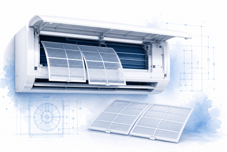 Geöffnete Klimaanlage mit herausgezogenem Luftfilter als technische Architekturillustration zur Wartung von Klimaanlagen.