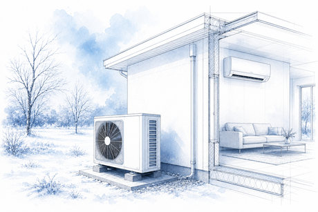 Klimaanlage mit Wärmepumpenfunktion beheizt Wohnraum im Winter als technische Architekturillustration zum effizienten Heizen mit Klimaanlagen.