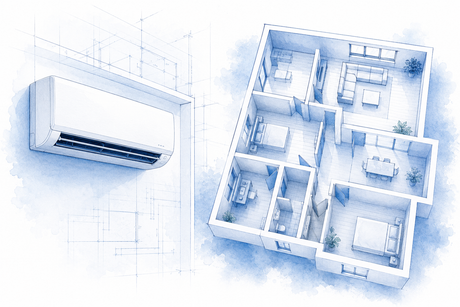 Split-Klimaanlage neben stilisiertem Gebäudegrundriss als technische Architekturillustration zur Auswahl der passenden Raumgröße.