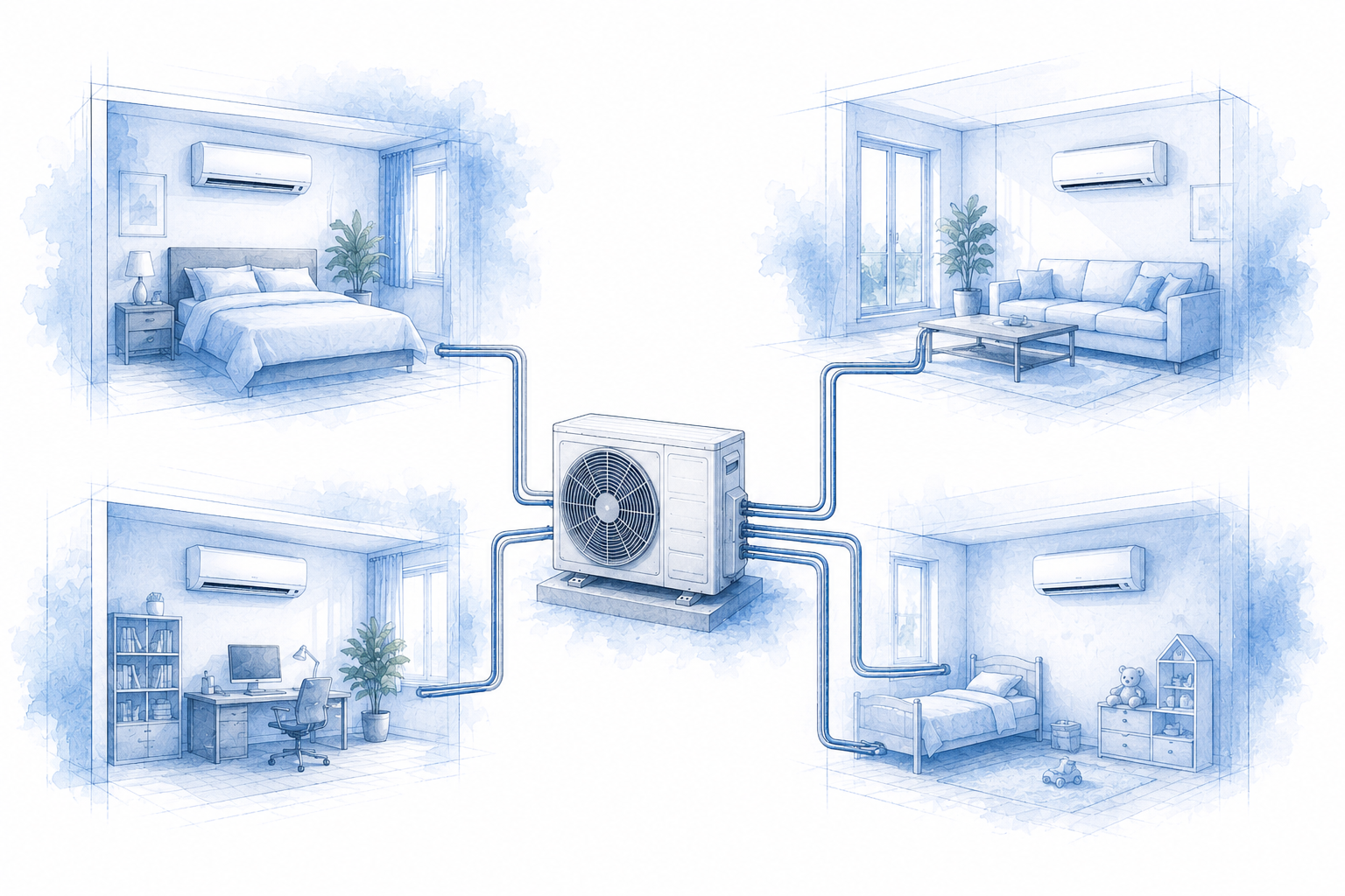Multi-Split-Klimaanlage mit einer Außeneinheit und vier Innengeräten als technische Architekturillustration zur Klimatisierung mehrerer Räume.