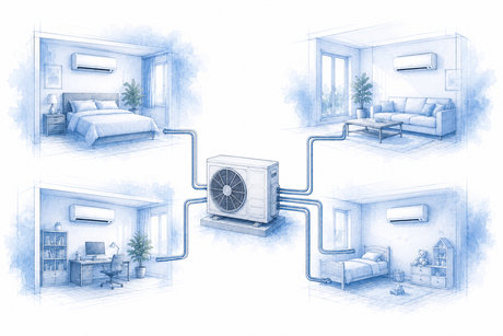 Multi-Split-Klimaanlage mit einer Außeneinheit und vier Innengeräten als technische Architekturillustration zur Klimatisierung mehrerer Räume.