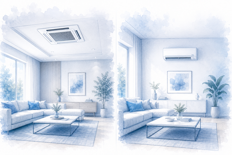 Deckenkassette und Wandgerät in zwei stilisierten Wohnräumen als technische Architekturillustration zum Vergleich von Klimaanlagen-Innengeräten.