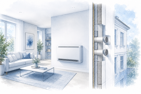 Klimaanlage ohne Außeneinheit mit integrierter Wandlösung als technische Architekturillustration für alternative Klimasysteme.