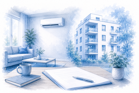 Klimaanlage in einer Mietwohnung mit Mietvertrag und Mehrfamilienhaus als technische Architekturillustration zum Thema Klimaanlage Wohnung erlaubt.
