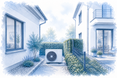 Außengerät einer Split-Klimaanlage zwischen benachbarten Wohnhäusern als technische Architekturillustration zum Thema Lärm und Nachbarschaft.