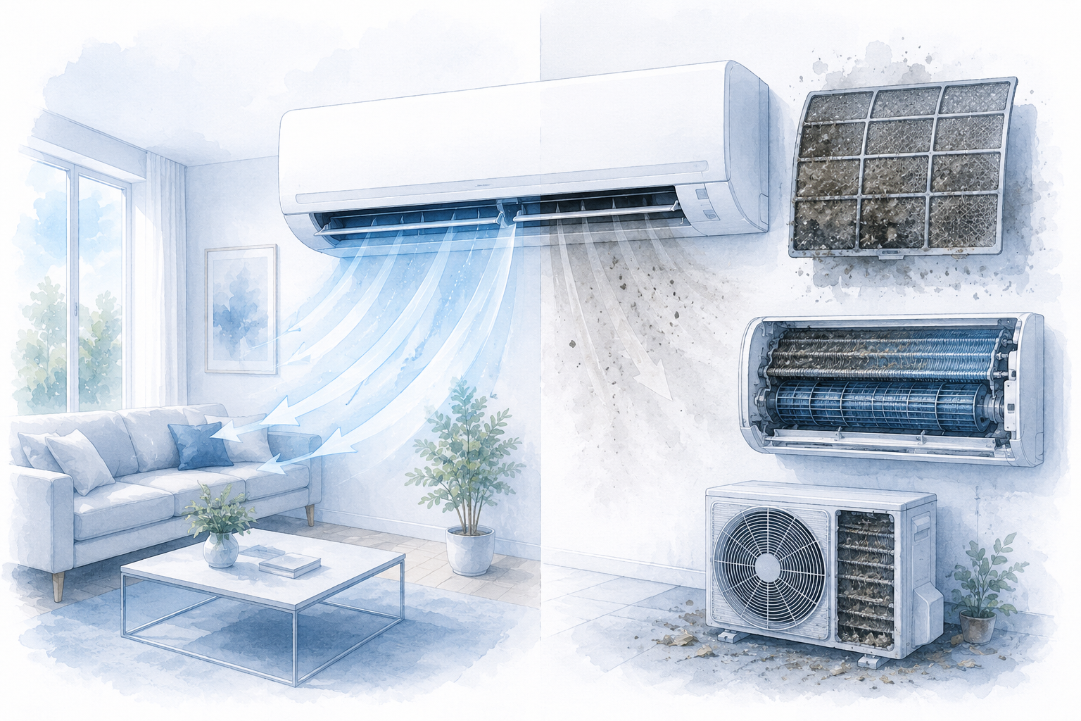 Split-Klimaanlage mit Luftfilter und technischer Schnittdarstellung als Architekturillustration zu Ursachen einer fehlenden Kühlleistung.