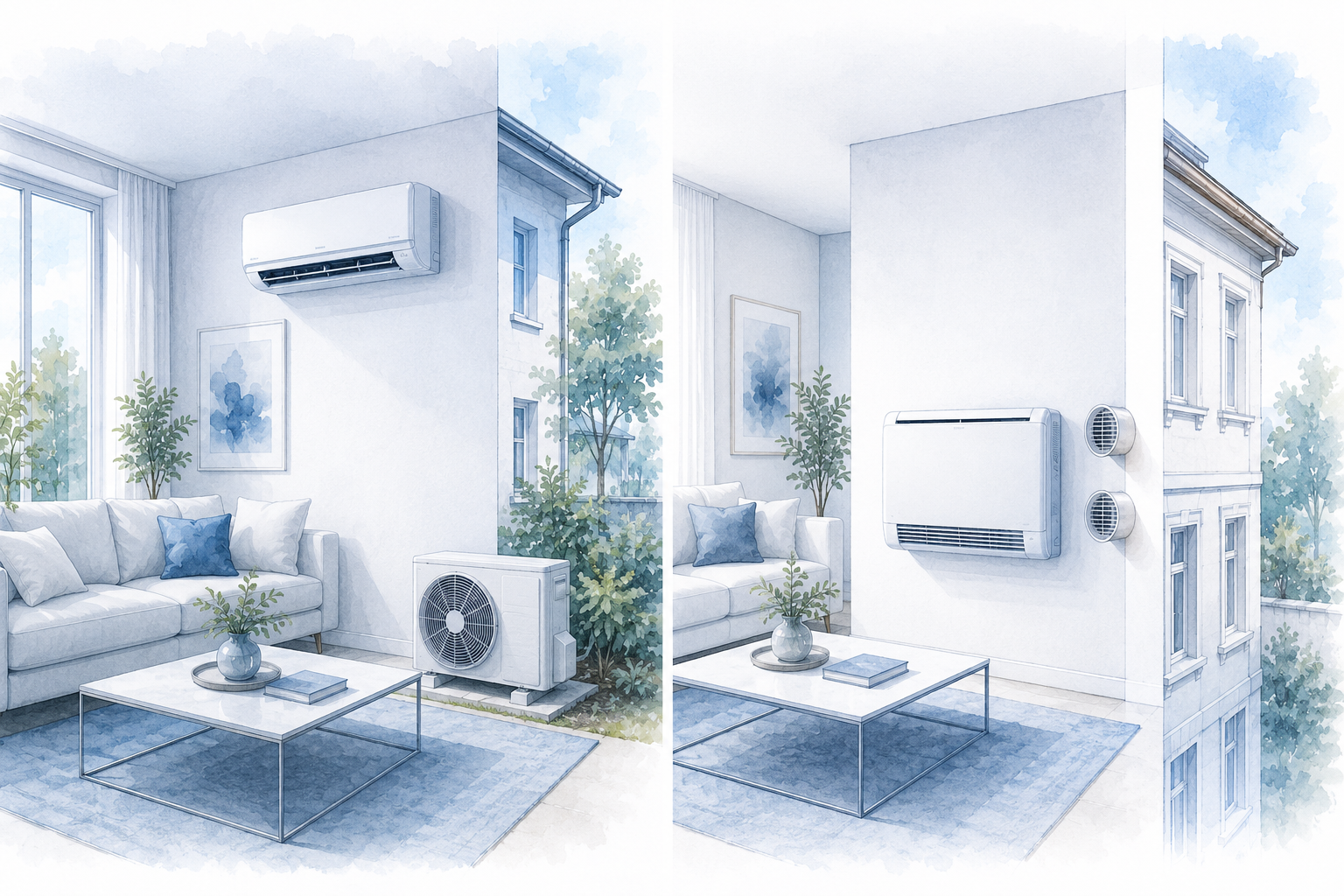 Split-Klimaanlage mit Außeneinheit und Monoblock-Klimaanlage ohne Außengerät als technische Architekturillustration im direkten Vergleich.