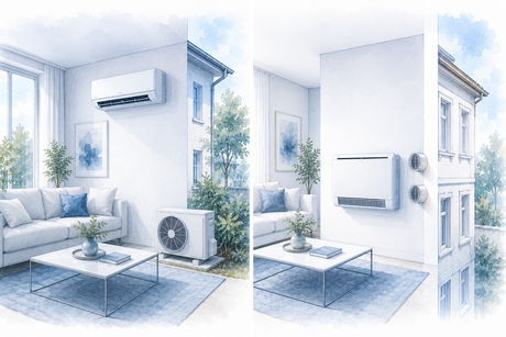 Split-Klimaanlage mit Außeneinheit und Monoblock-Klimaanlage ohne Außengerät als technische Architekturillustration im direkten Vergleich.