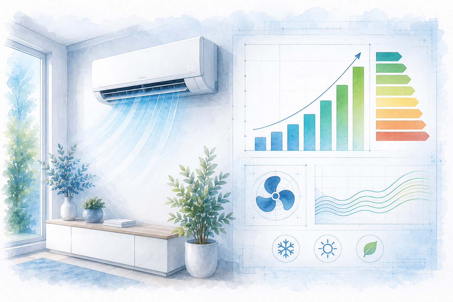 Klimaanlage mit stilisierter Energieeffizienzbewertung als technische Architekturillustration zu Energieeffizienzklassen, SEER und SCOP.