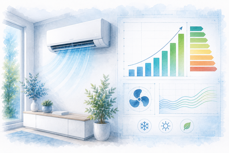 Klimaanlage mit stilisierter Energieeffizienzbewertung als technische Architekturillustration zu Energieeffizienzklassen, SEER und SCOP.