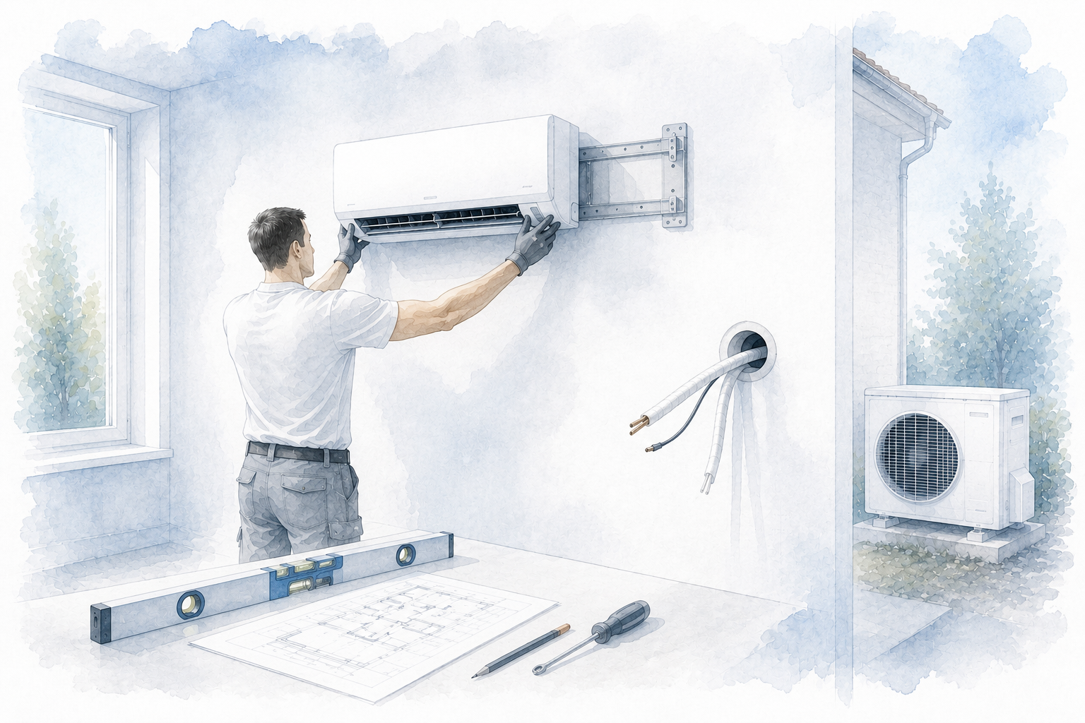 Heimwerker vor einer teilweise montierten Split-Klimaanlage mit Werkzeug und Montageplan als technische Architekturillustration zum Selbsteinbau von Klimaanlagen.