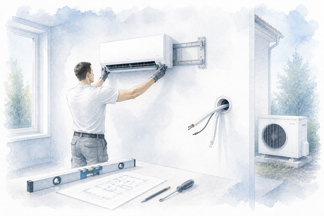 Heimwerker vor einer teilweise montierten Split-Klimaanlage mit Werkzeug und Montageplan als technische Architekturillustration zum Selbsteinbau von Klimaanlagen.