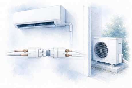 Split-Klimaanlage mit vereinfachter Verbindung zwischen Innen- und Außengerät als technische Architekturillustration für Quick-Connect-Systeme.