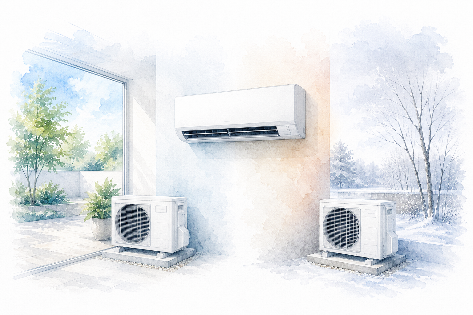 Split-Klimaanlage zwischen sommerlicher und winterlicher Umgebung als technische Architekturillustration zur Wärmepumpenfunktion von Klimaanlagen.